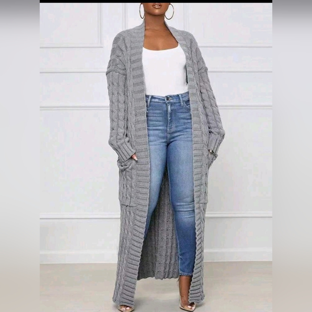 Full Length Grey Cable Knit Cardigan Sweater